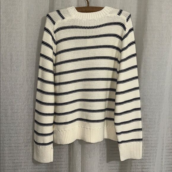 Madewell XL Bright Ivory Navy Stripes Reverse Knit Crewneck Sweater - Picture 12 of 16